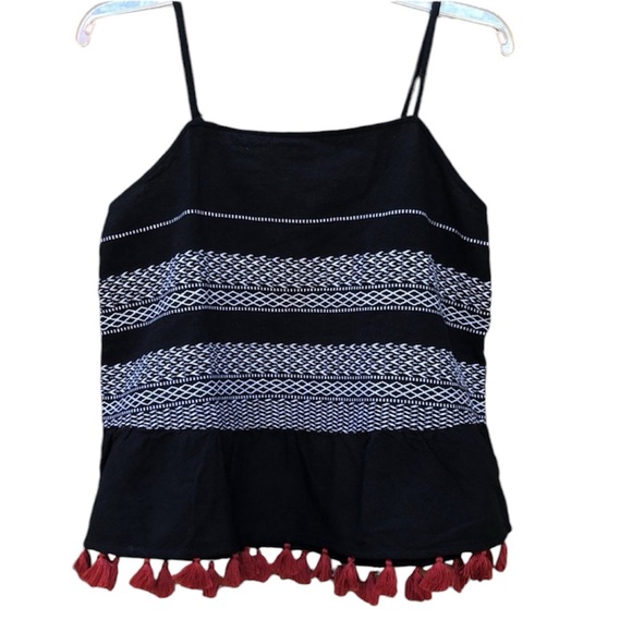a.n.a Tops - Ana- black, white red fringe cotton top, Sz Medium